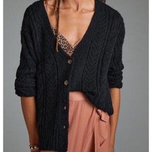 NWT Anthropologie Black Classic Pointelle Cardigan Fuzzy Knit Medium Petite